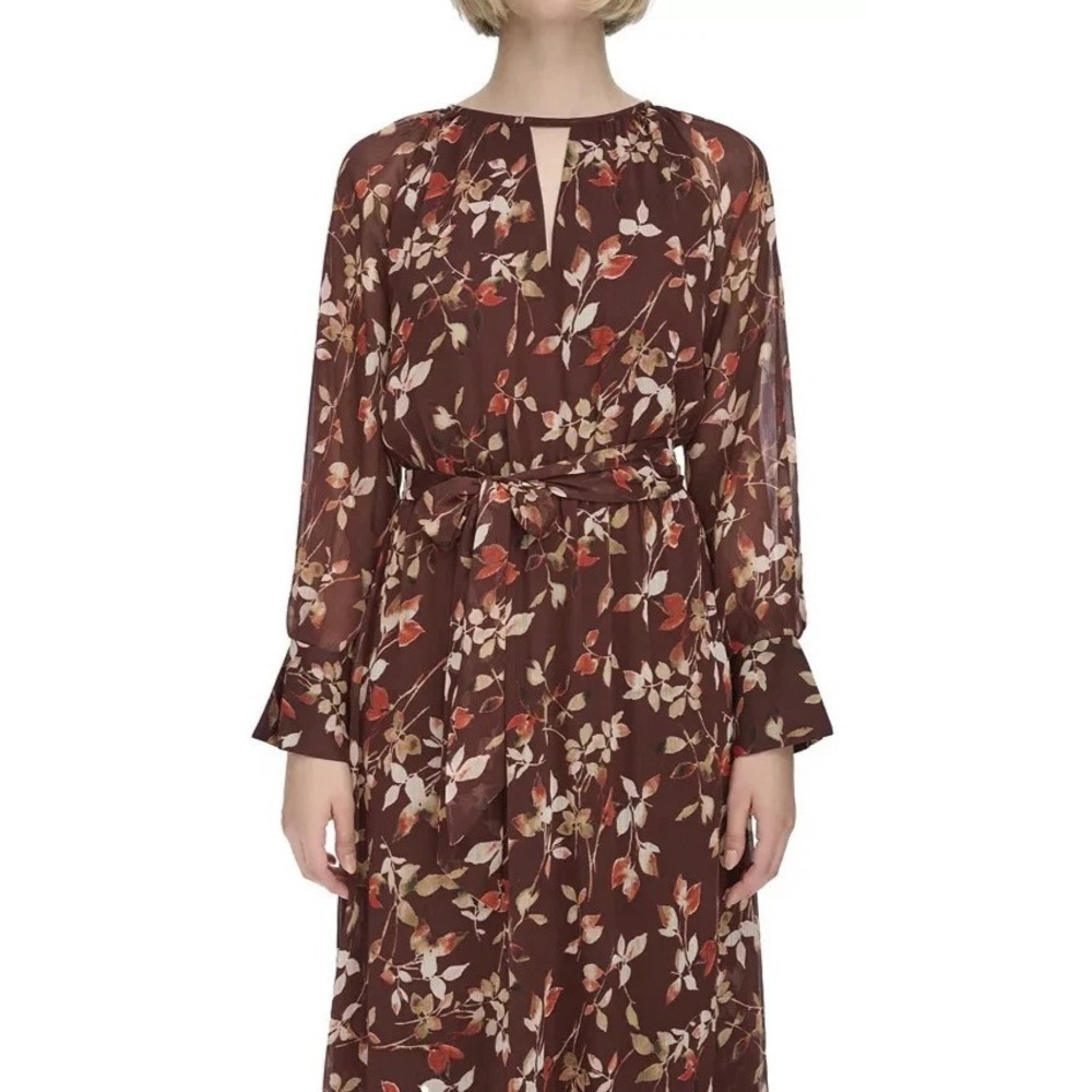NWT Calvin Klein Floral Keyhole Maxi Dress Size 14 Burgundy Boho Peasant Folk - Picture 2 of 12